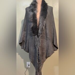 Tamsy Gray Faux Fur Trim Fringe Poncho OS NWT